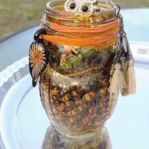 Colorful Beaded Owl Jar with Tassels